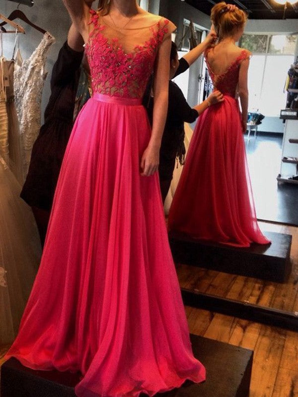 Vestidos de fiesta elegantes de gasa con apliques redondos y sin mangas de corte A