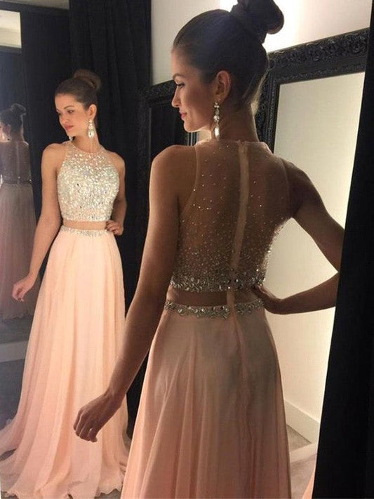 Vestidos de fiesta elegantes de gasa con escote redondo, sin mangas y con cuentas