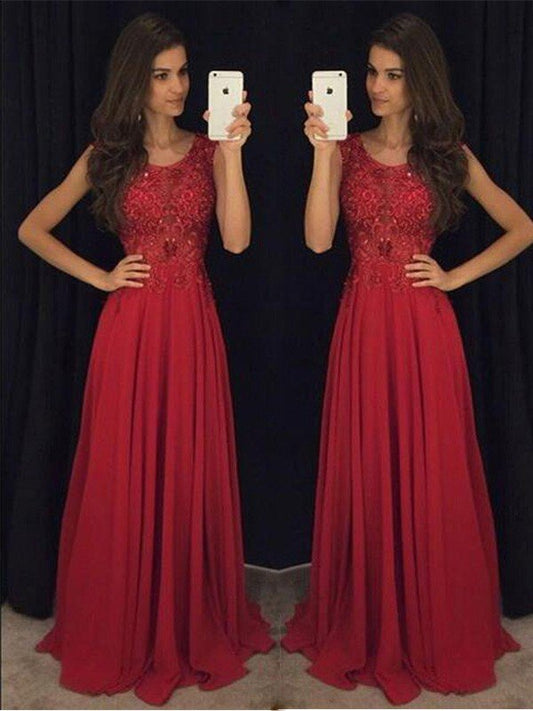 Vestidos de fiesta elegantes de corte A/sin mangas, de gasa con escote redondo y cuentas hasta el suelo