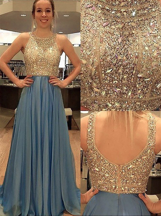 Vestidos de fiesta elegantes de gasa con escote redondo, sin mangas y con cuentas, corte A