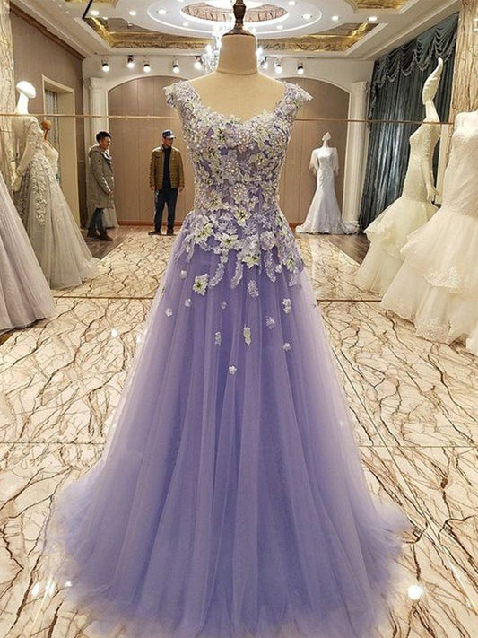 Vestidos de fiesta elegantes de corte A/sin mangas, escote redondo, largo hasta el suelo, con apliques de tul