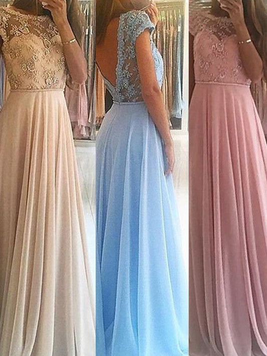 Vestidos de fiesta elegantes de gasa con escote redondo, sin mangas y con cuentas hasta el suelo