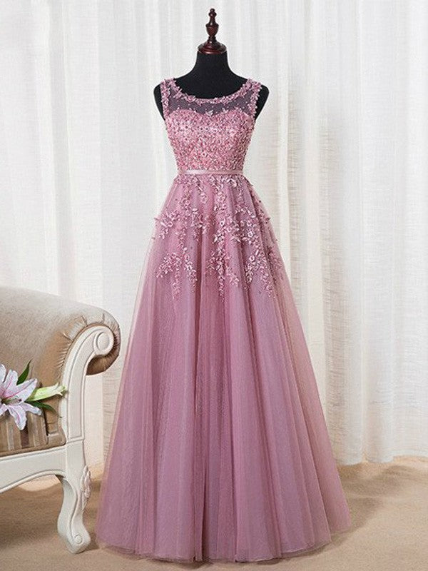 Elegante vestido de fiesta de tul con cuentas, sin mangas, corte A y escote redondo hasta el suelo