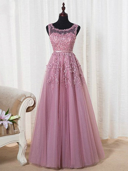 Elegante vestido de fiesta de tul con cuentas, sin mangas, corte A y escote redondo hasta el suelo