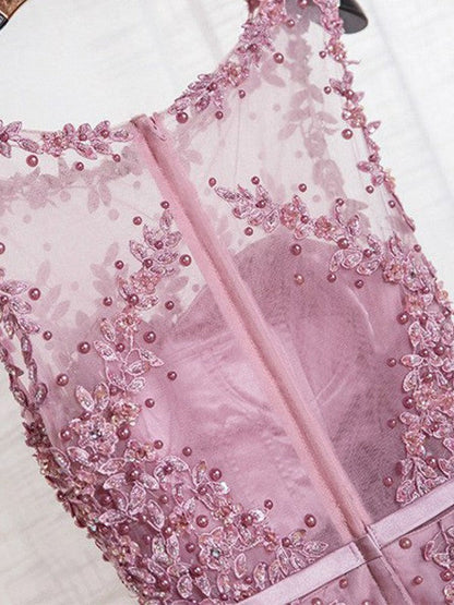 Elegante vestido de fiesta de tul con cuentas, sin mangas, corte A y escote redondo hasta el suelo