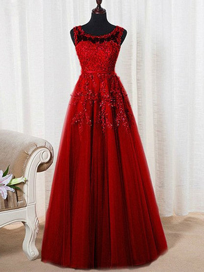 Elegante vestido de fiesta de tul con cuentas, sin mangas, corte A y escote redondo hasta el suelo