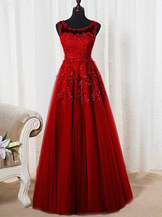 Elegante vestido de fiesta de tul con cuentas, sin mangas, corte A y escote redondo hasta el suelo