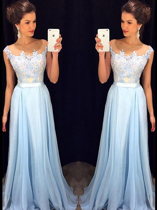 Vestidos de fiesta elegantes de gasa con apliques y cuello transparente sin mangas y corte A