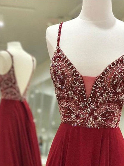 Elegante vestido de fiesta de gasa con tirantes finos, sin mangas y corte A, largo hasta el suelo, con cuentas