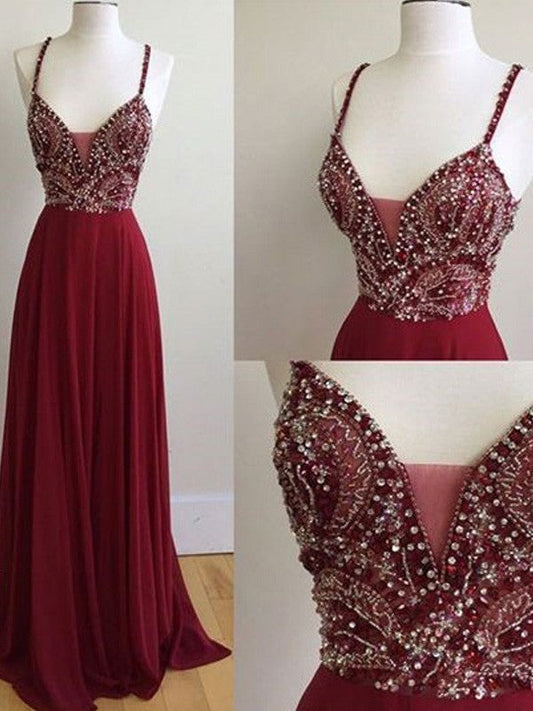 Elegante vestido de fiesta de gasa con tirantes finos, sin mangas y corte A, largo hasta el suelo, con cuentas