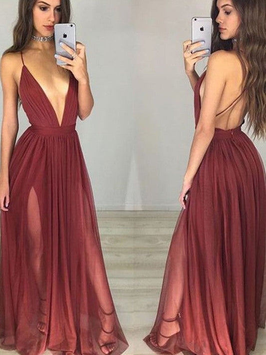 Elegante vestido de fiesta de gasa fruncido hasta el suelo, sin mangas, con tirantes finos y corte A