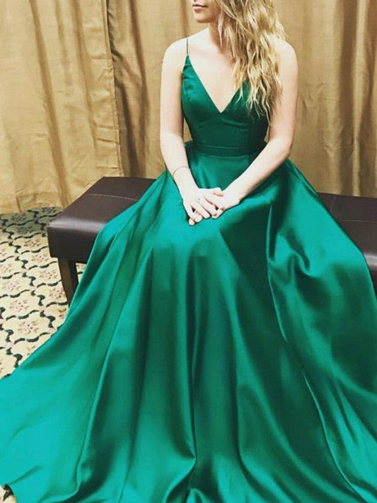 Elegante vestido de fiesta de satén elástico, sin mangas, con tirantes finos y corte A hasta el suelo
