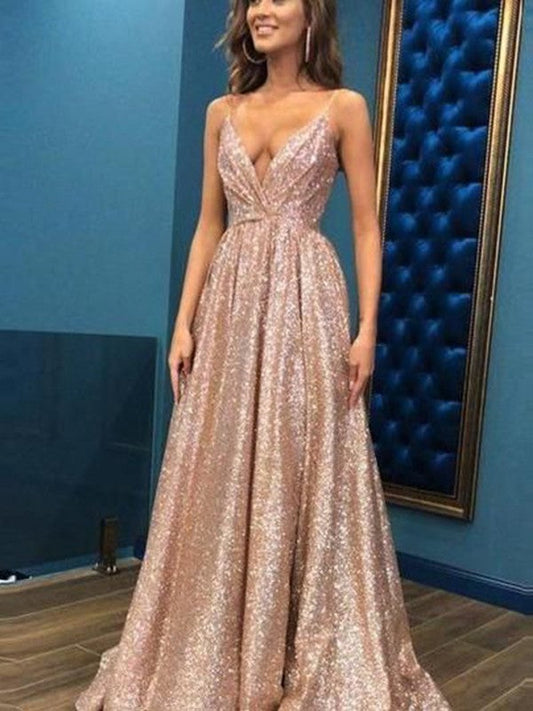 Vestidos de fiesta elegantes de corte A, sin mangas, con tirantes finos y lentejuelas hasta el suelo