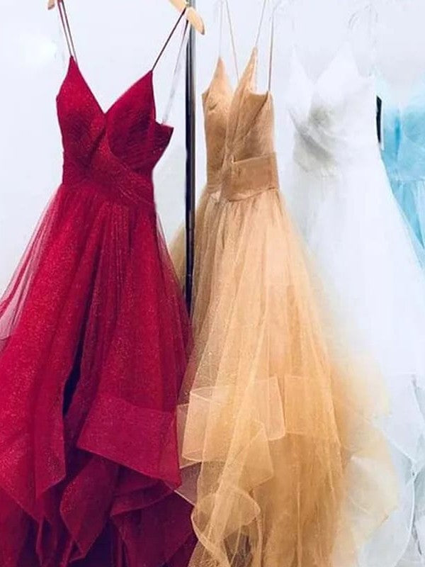 Vestidos de fiesta elegantes de tul con corte A, sin mangas, tirantes finos y largo hasta el suelo
