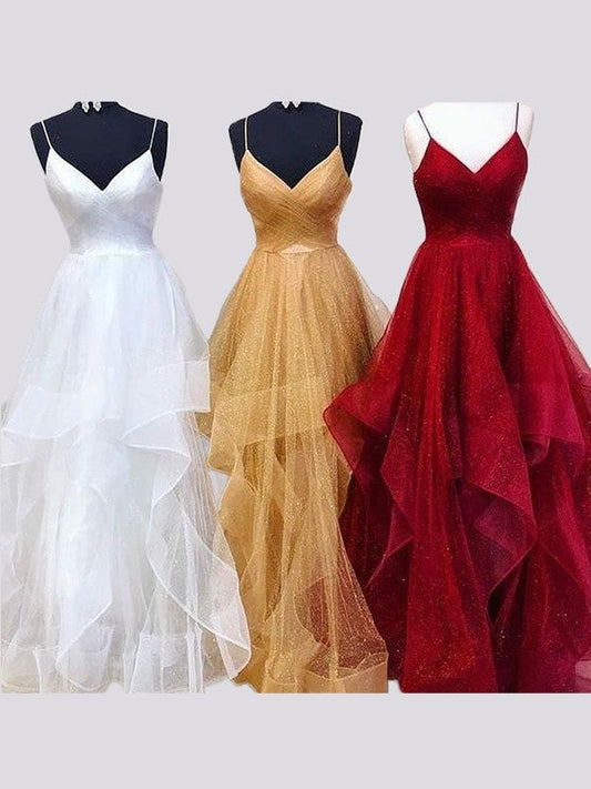 Vestidos de fiesta elegantes de tul con corte A, sin mangas, tirantes finos y largo hasta el suelo