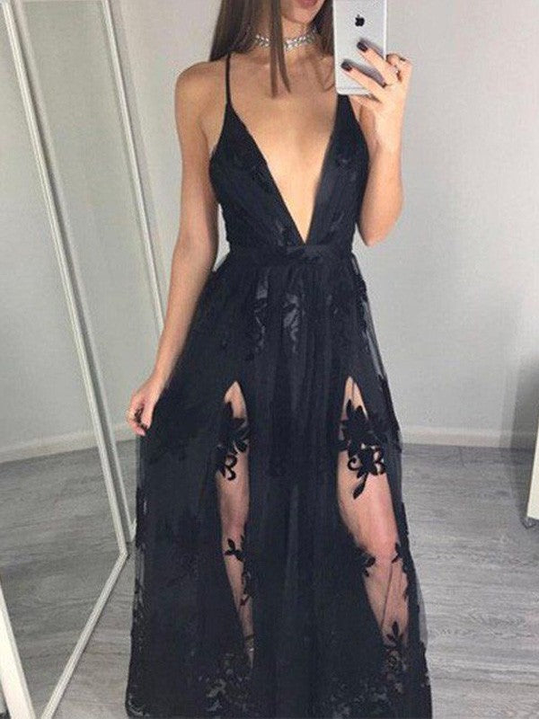 Elegante vestido de fiesta de corte A, sin mangas, con tirantes finos, tul hasta el suelo y apliques