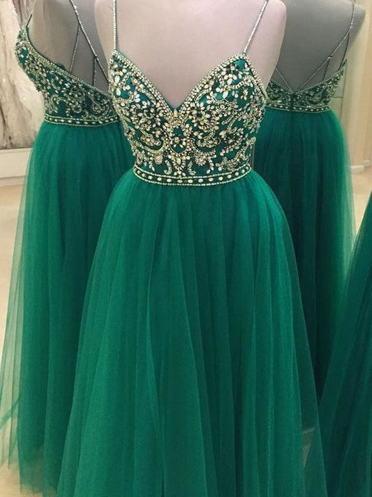 Elegante vestido de fiesta de corte A, sin mangas, con tirantes finos, tul hasta el suelo y cuentas