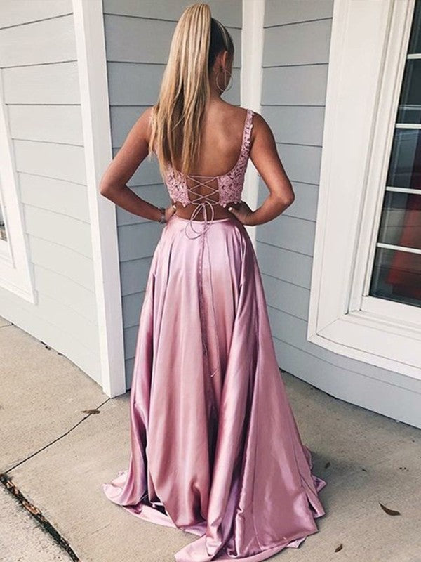 Vestido de fiesta elegante de dos piezas de satén tipo seda, sin mangas, con apliques cuadrados y corte A