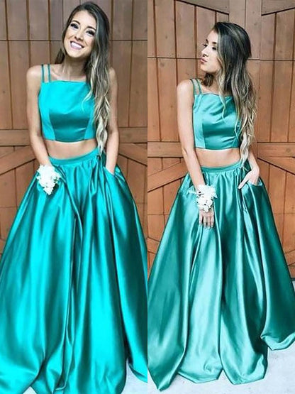 Elegante vestido de fiesta de dos piezas de satén con volantes, corte A, sin mangas, cuadrado, largo hasta el suelo