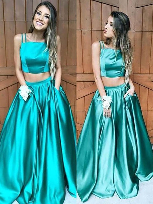 Elegante vestido de fiesta de dos piezas de satén con volantes, corte A, sin mangas, cuadrado, largo hasta el suelo