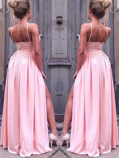 Vestidos de fiesta elegantes de satén tipo seda, con corte A, sin mangas, tirantes finos y fruncidos hasta el suelo