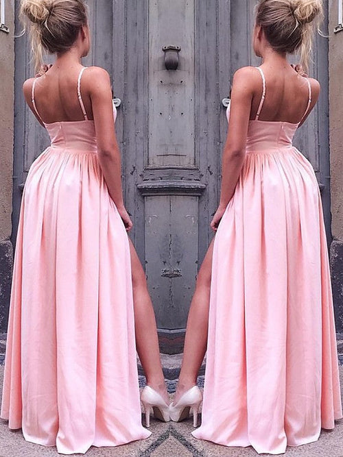 Vestidos de fiesta elegantes de satén tipo seda, con corte A, sin mangas, tirantes finos y fruncidos hasta el suelo