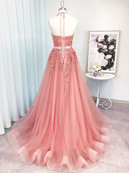 Vestidos de fiesta elegantes de corte A/sin mangas con tul, cuello halter y apliques