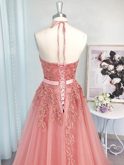 Vestidos de fiesta elegantes de corte A/sin mangas con tul, cuello halter y apliques