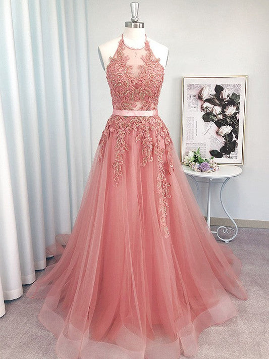 Vestidos de fiesta elegantes de corte A/sin mangas con tul, cuello halter y apliques