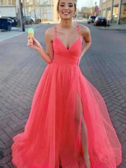 Vestidos de fiesta elegantes de corte A/sin mangas de tul con escote en V y fruncido