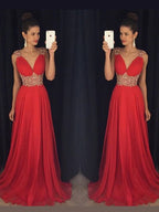 A-Linie/Elegant Ärmellos V-Ausschnitt Perlen verziert Bodenlang Chiffon Ballkleider