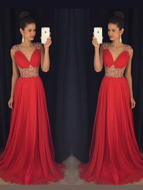 A-Linie/Elegant Ärmellos V-Ausschnitt Perlen verziert Bodenlang Chiffon Ballkleider