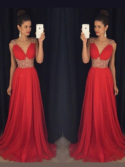 A-Linie/Elegant Ärmellos V-Ausschnitt Perlen verziert Bodenlang Chiffon Ballkleider
