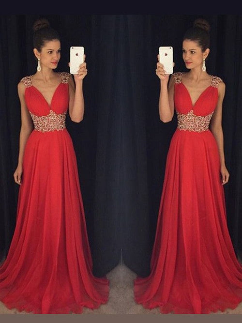 Vestidos de fiesta elegantes de gasa con escote en V, sin mangas, corte A y largo hasta el suelo