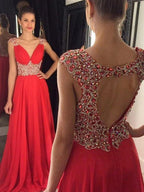 A-Linie/Elegant Ärmellos V-Ausschnitt Perlen verziert Bodenlang Chiffon Ballkleider