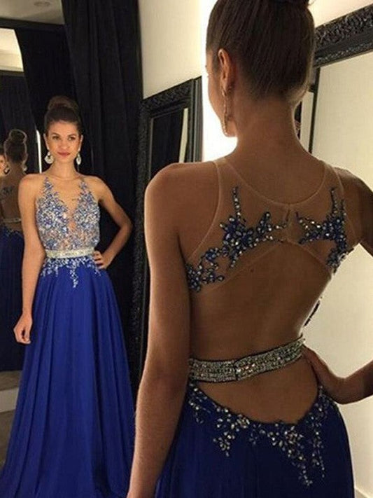 Vestidos de fiesta elegantes de corte A/sin mangas, escote en V, de gasa con apliques y largo hasta el suelo