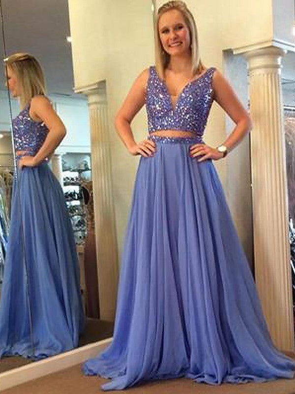 Elegante vestido de fiesta de dos piezas, corte A, sin mangas, escote en V, de gasa con abalorios y largo hasta el suelo