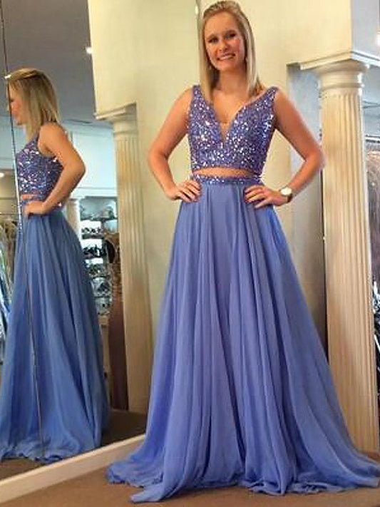 Elegante vestido de fiesta de dos piezas, corte A, sin mangas, escote en V, de gasa con abalorios y largo hasta el suelo