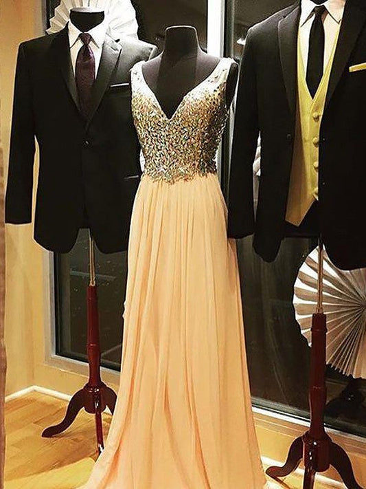 Vestidos de fiesta elegantes de gasa con escote en V, sin mangas y con cuentas, corte A