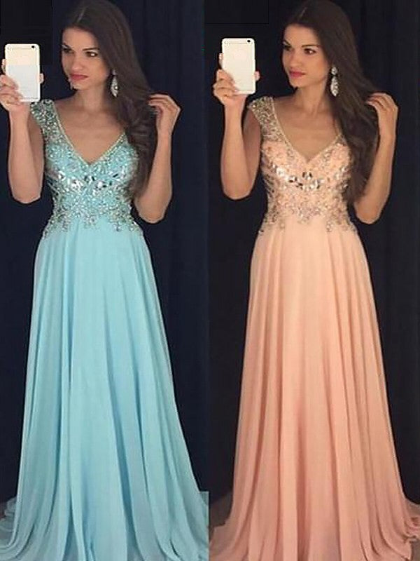 Vestidos de fiesta elegantes de corte A/sin mangas, escote en V, de gasa con lentejuelas y largo hasta el suelo