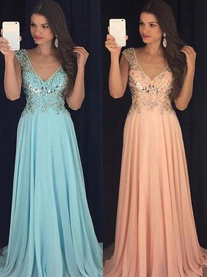 Vestidos de fiesta elegantes de corte A/sin mangas, escote en V, de gasa con lentejuelas y largo hasta el suelo