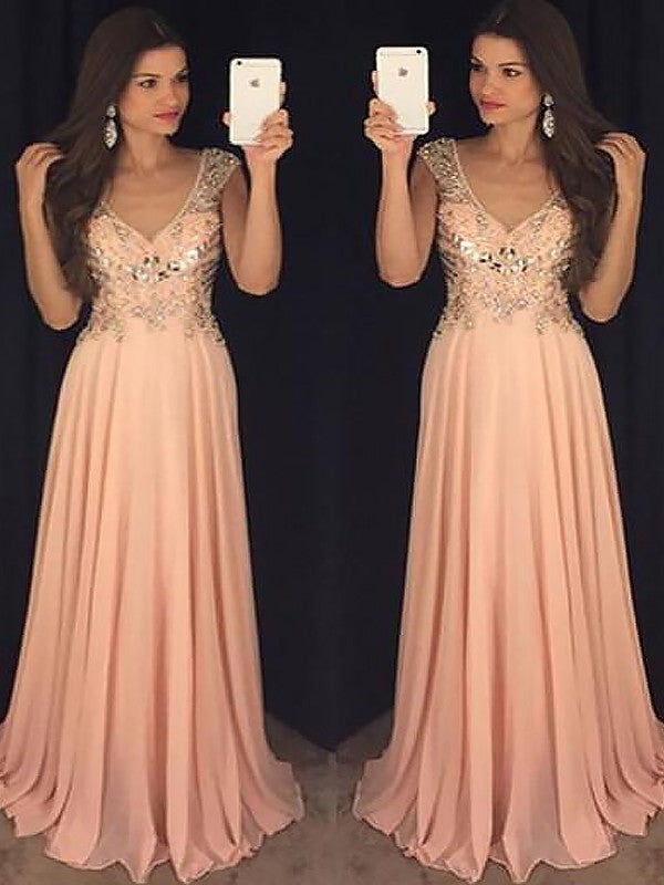 Vestidos de fiesta elegantes de corte A/sin mangas, escote en V, de gasa con lentejuelas y largo hasta el suelo