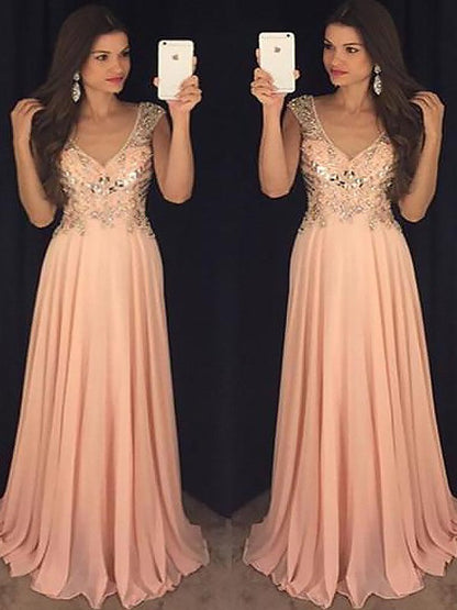 Vestidos de fiesta elegantes de corte A/sin mangas, escote en V, de gasa con lentejuelas y largo hasta el suelo