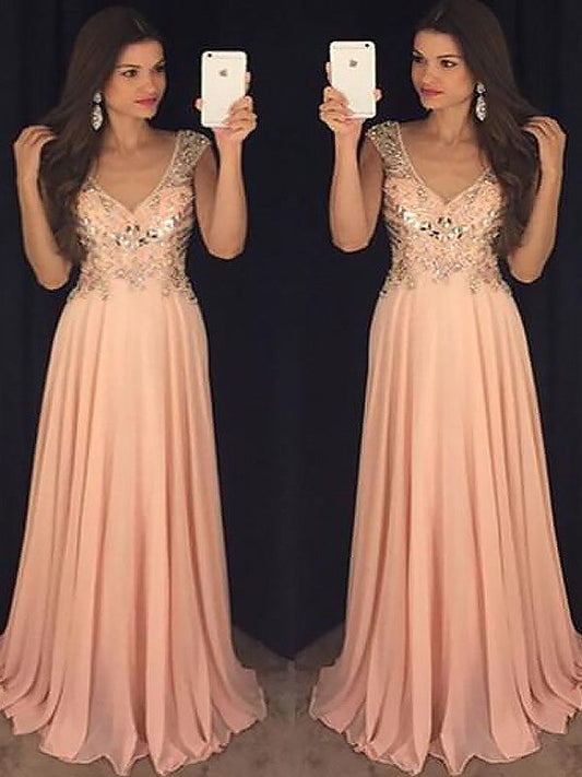 Vestidos de fiesta elegantes de corte A/sin mangas, escote en V, de gasa con lentejuelas y largo hasta el suelo