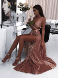 Elegante vestido de fiesta de corte A, sin mangas, escote en V, largo hasta el suelo, con volantes y lentejuelas