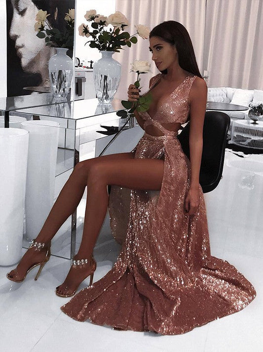 Elegante vestido de fiesta de corte A, sin mangas, escote en V, largo hasta el suelo, con volantes y lentejuelas