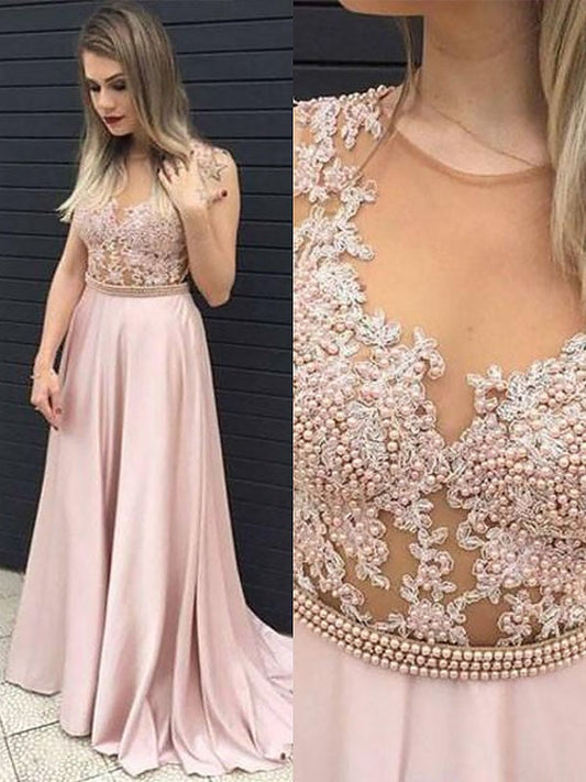 Vestidos de fiesta elegantes de corte A/sin mangas, escote en V, satén, encaje y largo hasta el suelo