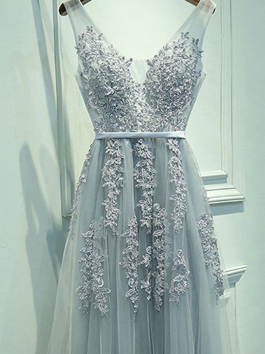 Vestidos de fiesta elegantes de corte A/sin mangas, escote en V, con apliques de tul y largo hasta el suelo