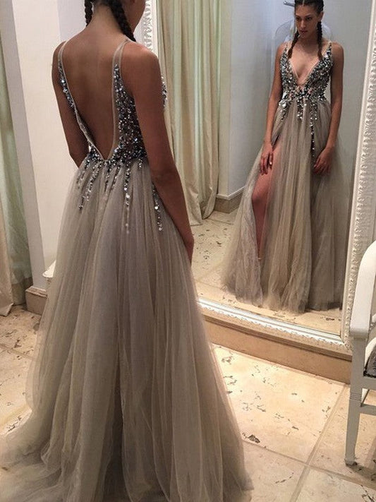 Vestidos de fiesta elegantes de tul con lentejuelas y escote en V sin mangas y corte A