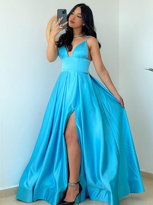 Vestidos de fiesta elegantes de satén, sin mangas, con volantes y tirantes finos, hasta el suelo